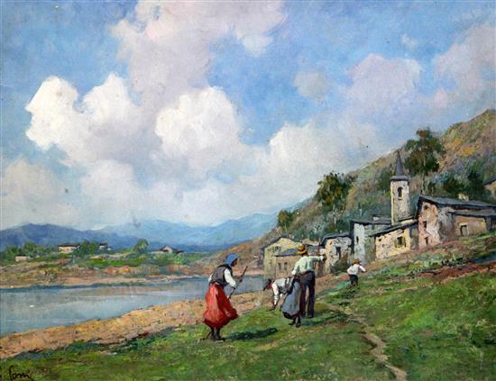 Giovanni Lomi (1889-1969) Farmworkers and village beside a lake, 11 x 15in.